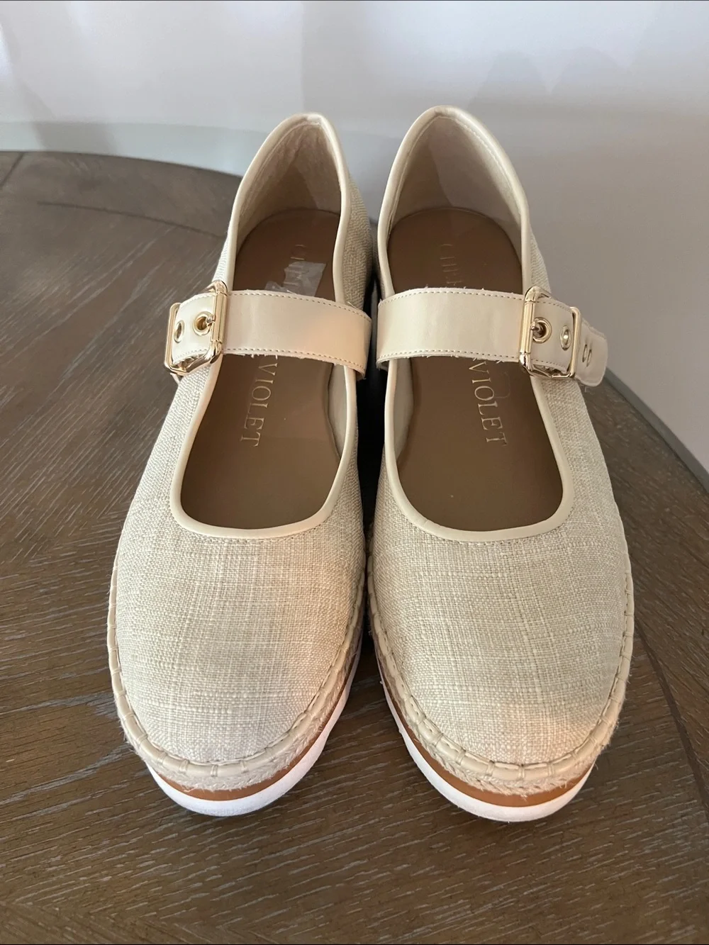 Neutral Beige Platform Mary Jane Espadrille with Gold Buckle